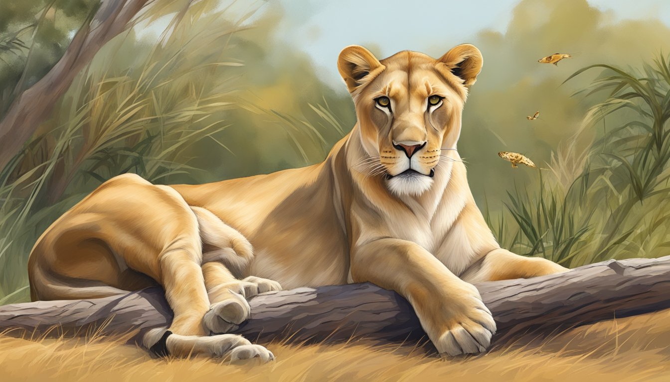 A lioness lounging in the savanna, surrounded by freshly caught prey, with a serene expression and vibrant coat, symbolizing reduced oxidative stress on the carnivore diet