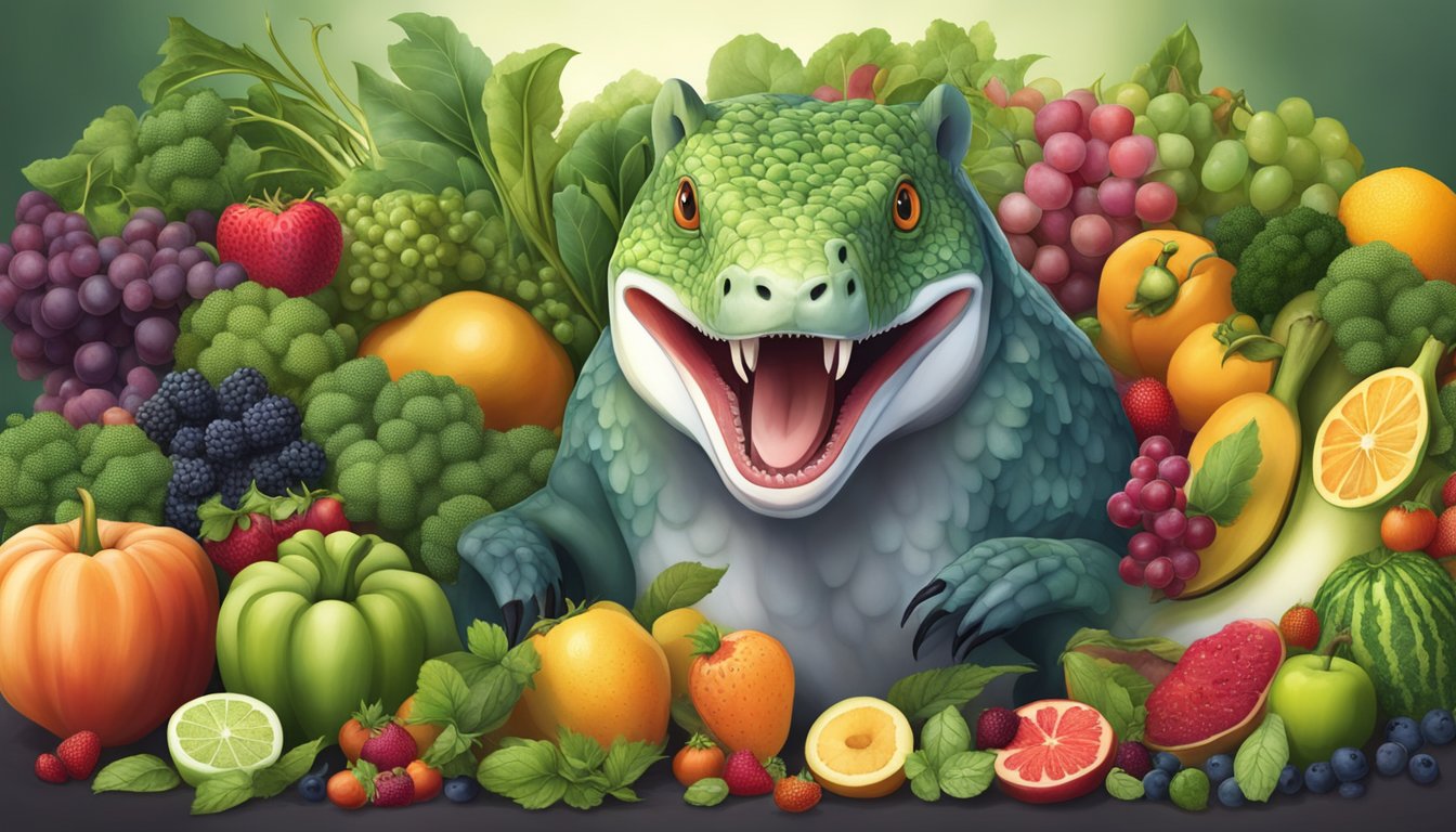 A carnivorous animal surrounded by a variety of antioxidant-rich fruits and vegetables, with a serene and peaceful expression on its face