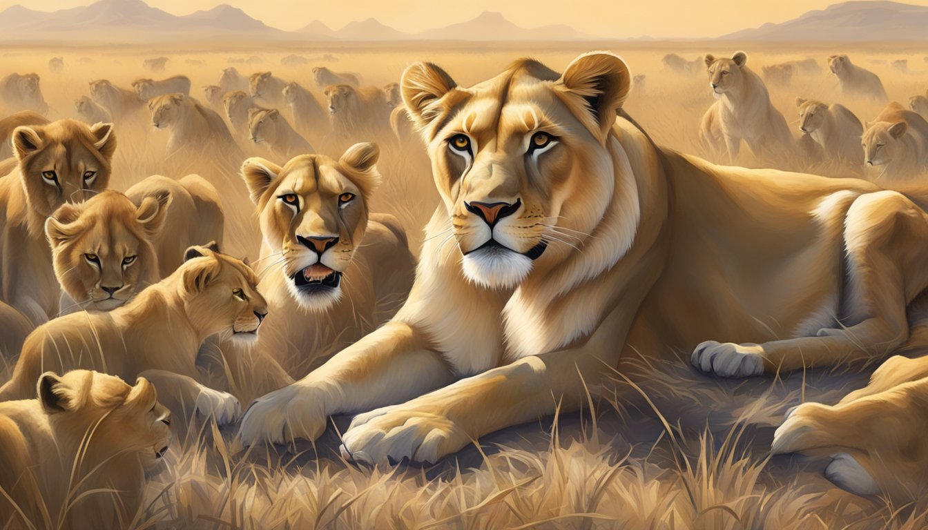 A lioness feasting on a fresh kill in the savannah, surrounded by a pride of lions