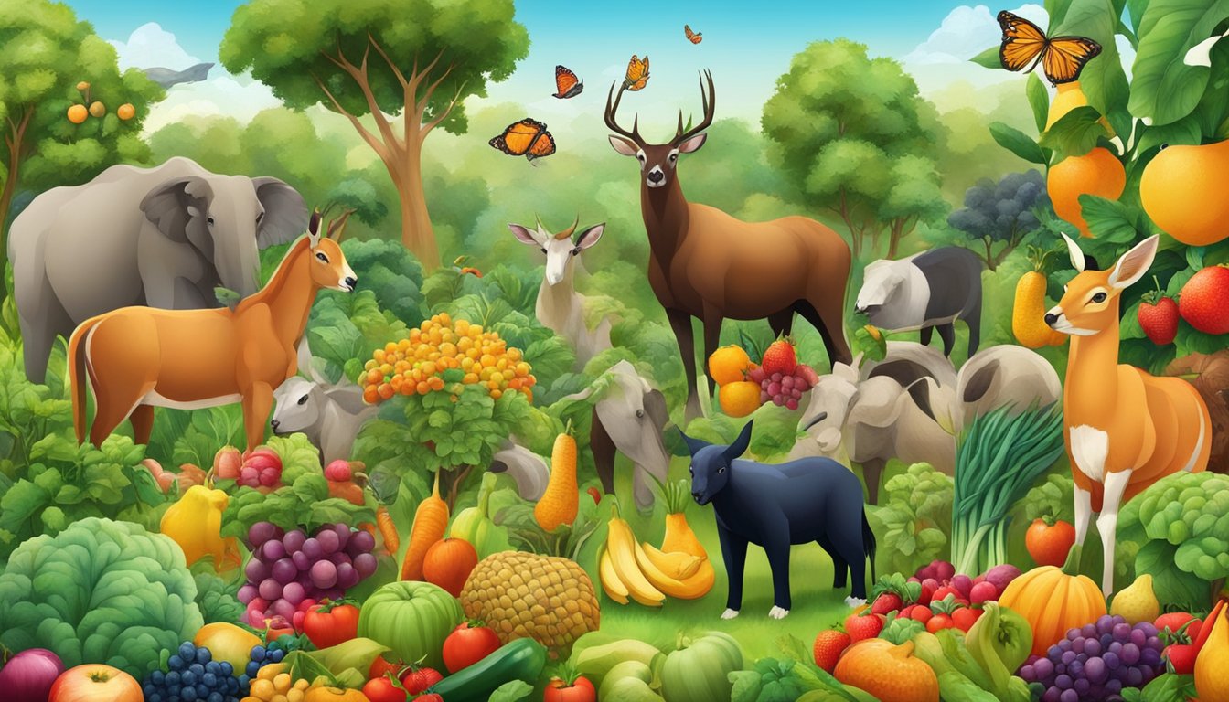 A lush garden with a variety of colorful fruits and vegetables, surrounded by vibrant, healthy-looking animals grazing and hunting for food