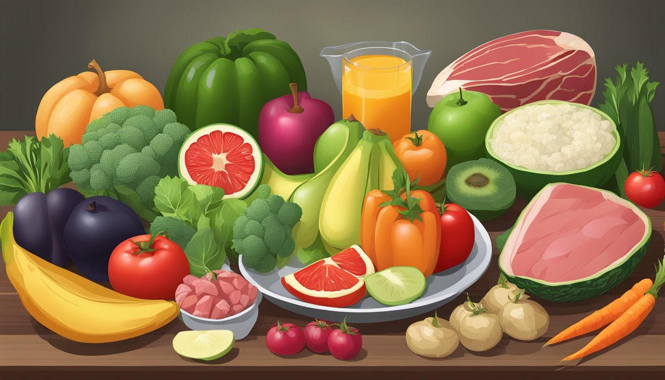 A variety of fresh fruits and vegetables laid out on a table, with a plate of raw meat nearby