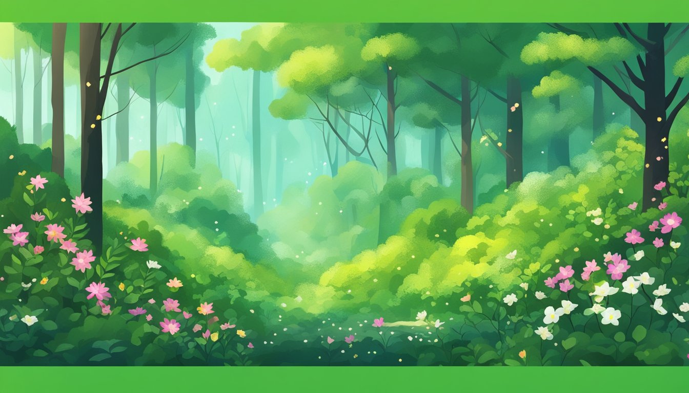 A lush green forest with blooming flowers and pollen floating in the air