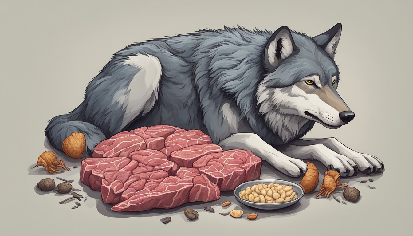 A wolf with a smaller brain, surrounded by raw meat and bones