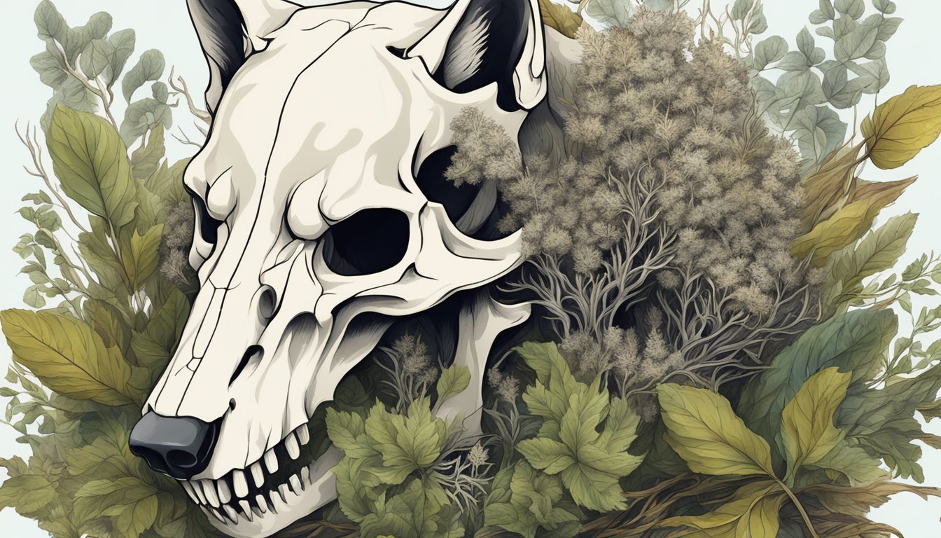 A wolf skull surrounded by withered plant life, depicting shrinking brain centers on a carnivore diet