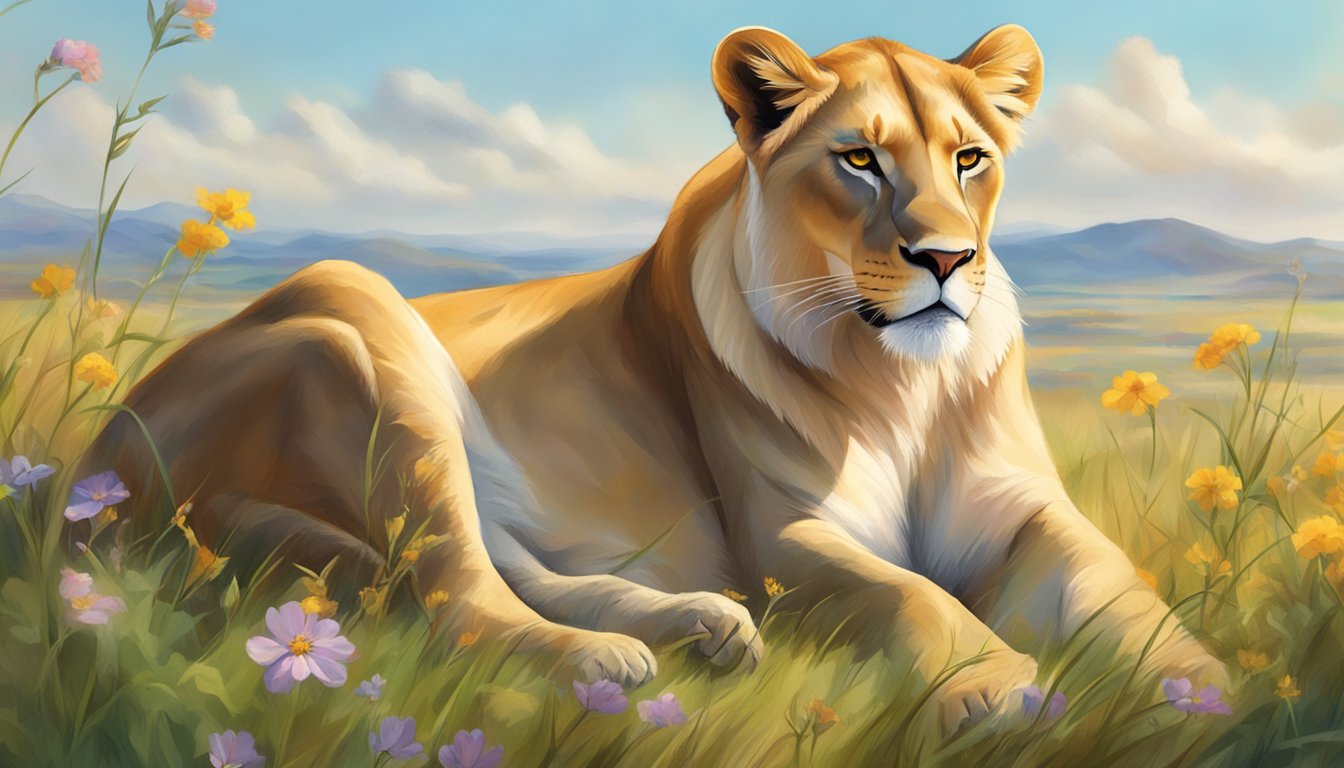 A lioness lounges in a grassy savanna, surrounded by blooming wildflowers and a gentle breeze, her coat glistening in the sunlight