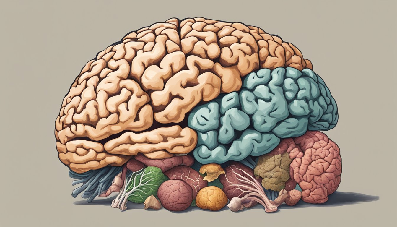 A brain surrounded by meat and bones, with the brain centers visibly shrinking