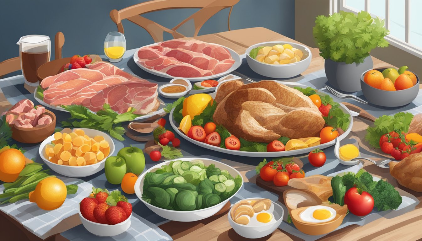 A dining table set with a variety of fresh meats, fish, and eggs surrounded by colorful fruits and vegetables, with a calendar showing seasonal changes in the background