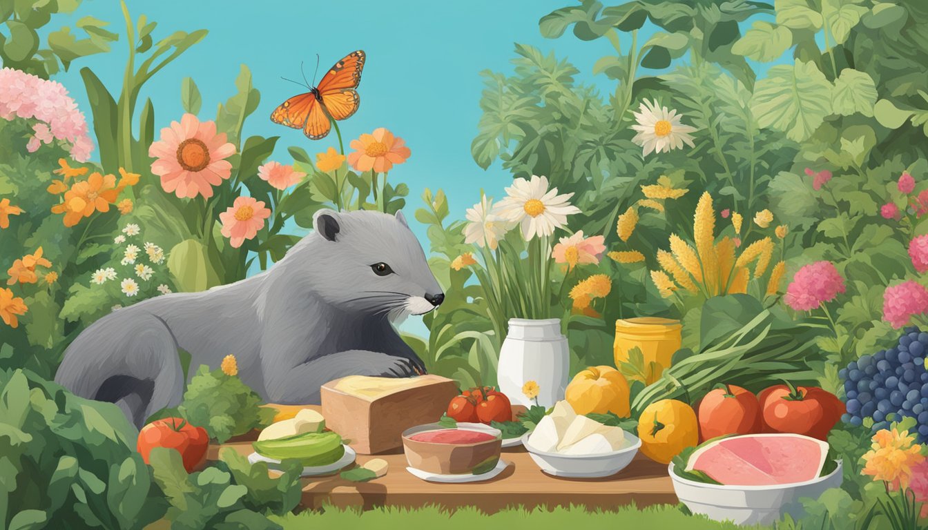 A lush garden with blooming flowers and fresh produce, a clear blue sky, and a contented carnivore animal enjoying a meal