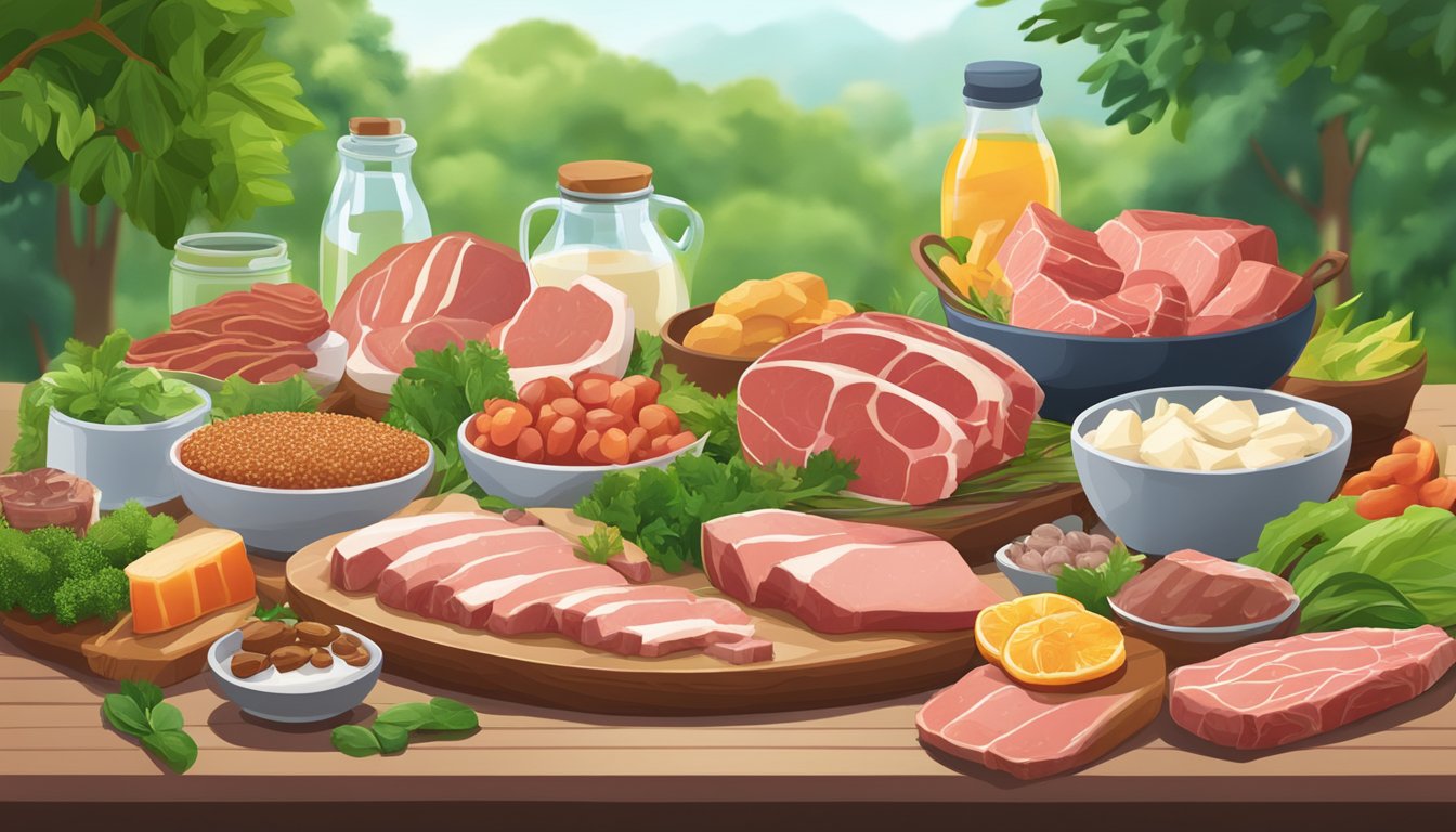 A carnivore diet scene: a variety of meat and animal products rich in saturated fat displayed on a table with a background of greenery