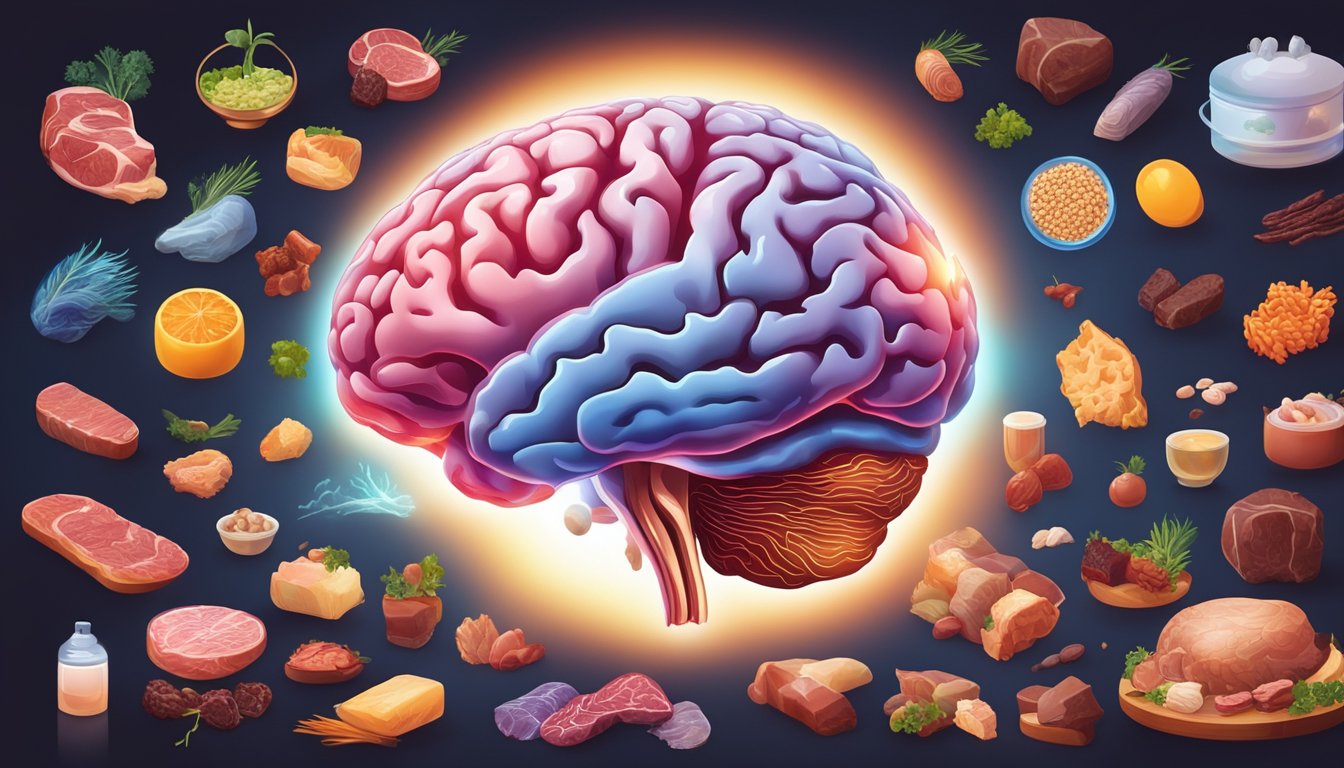 A brain surrounded by various types of meat and animal products, with a glowing aura indicating health and vitality