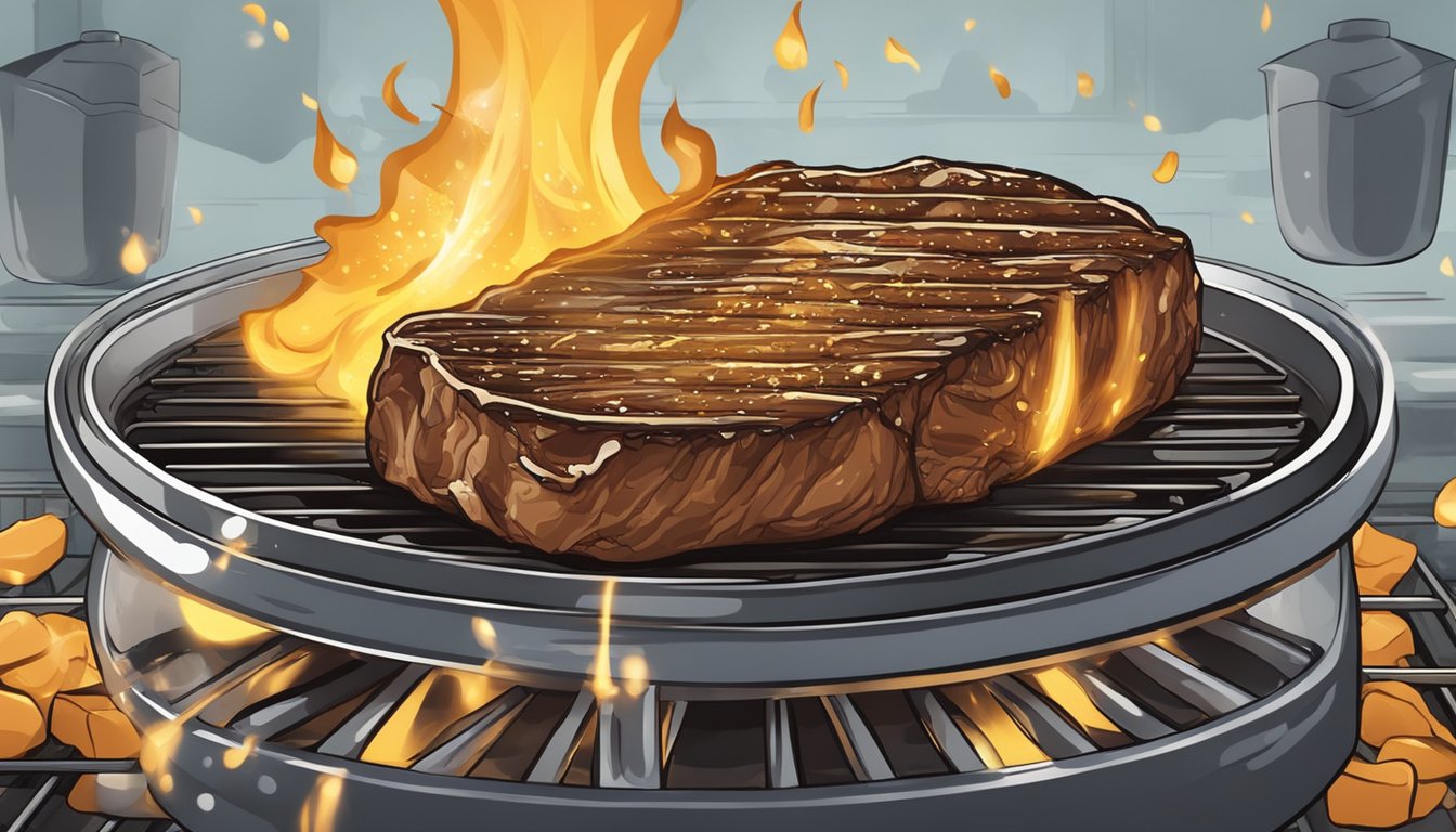 A sizzling steak cooks on a hot grill, releasing a mouthwatering aroma as the fat drips and sizzles, creating a golden crust