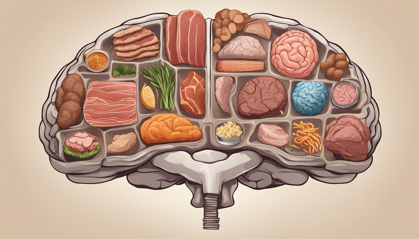 A carnivore diet causing brain centers to shrink, depicted through a brain surrounded by various types of meat and a diminishing brain size