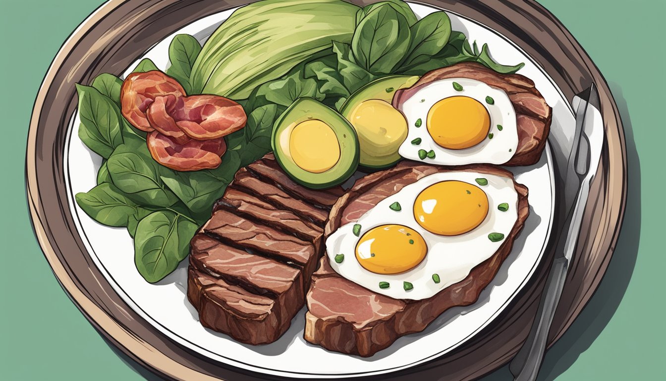 A carnivore's plate: steak, eggs, and bacon, with a side of avocado and spinach. Avoid: sugary fruits and starchy vegetables