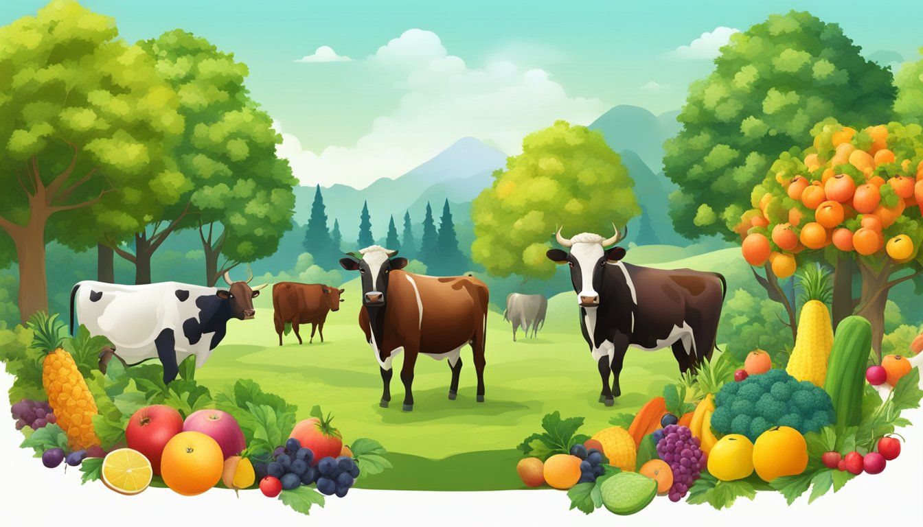 A lush forest with a variety of colorful fruits and vegetables, alongside a grazing herd of cattle