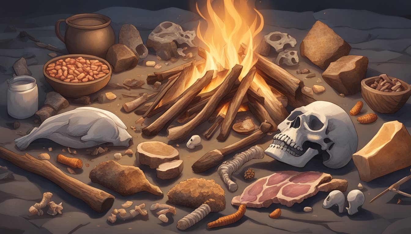 A variety of animal meats and bones scattered around a campfire, with a person's skin showing signs of inflammation and irritation