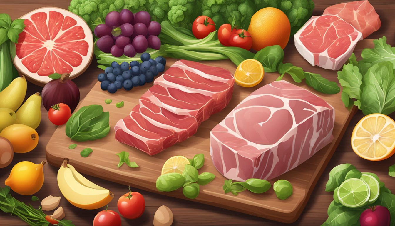 A variety of fresh, raw meats and animal products arranged on a wooden cutting board, surrounded by vibrant green leafy vegetables and colorful fruits