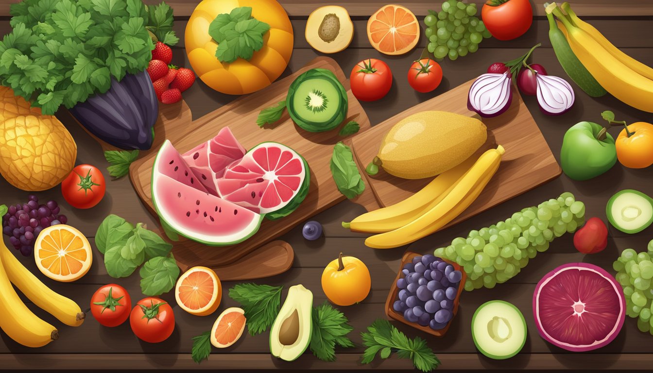 A variety of fresh fruits, vegetables, and lean meats arranged on a wooden cutting board