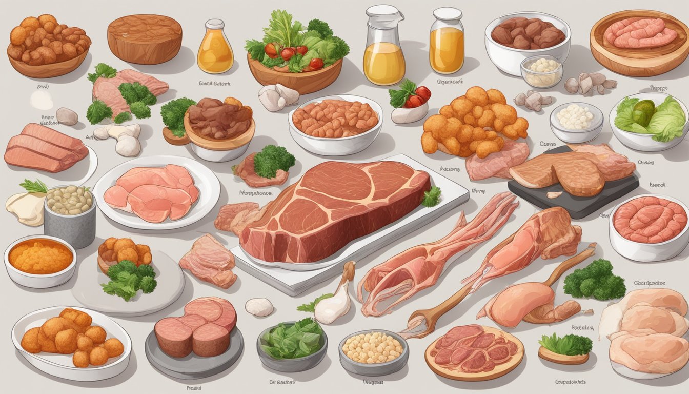 A carnivore diet with various meats and bones, surrounded by a variety of skin disorders such as rashes, hives, and acne