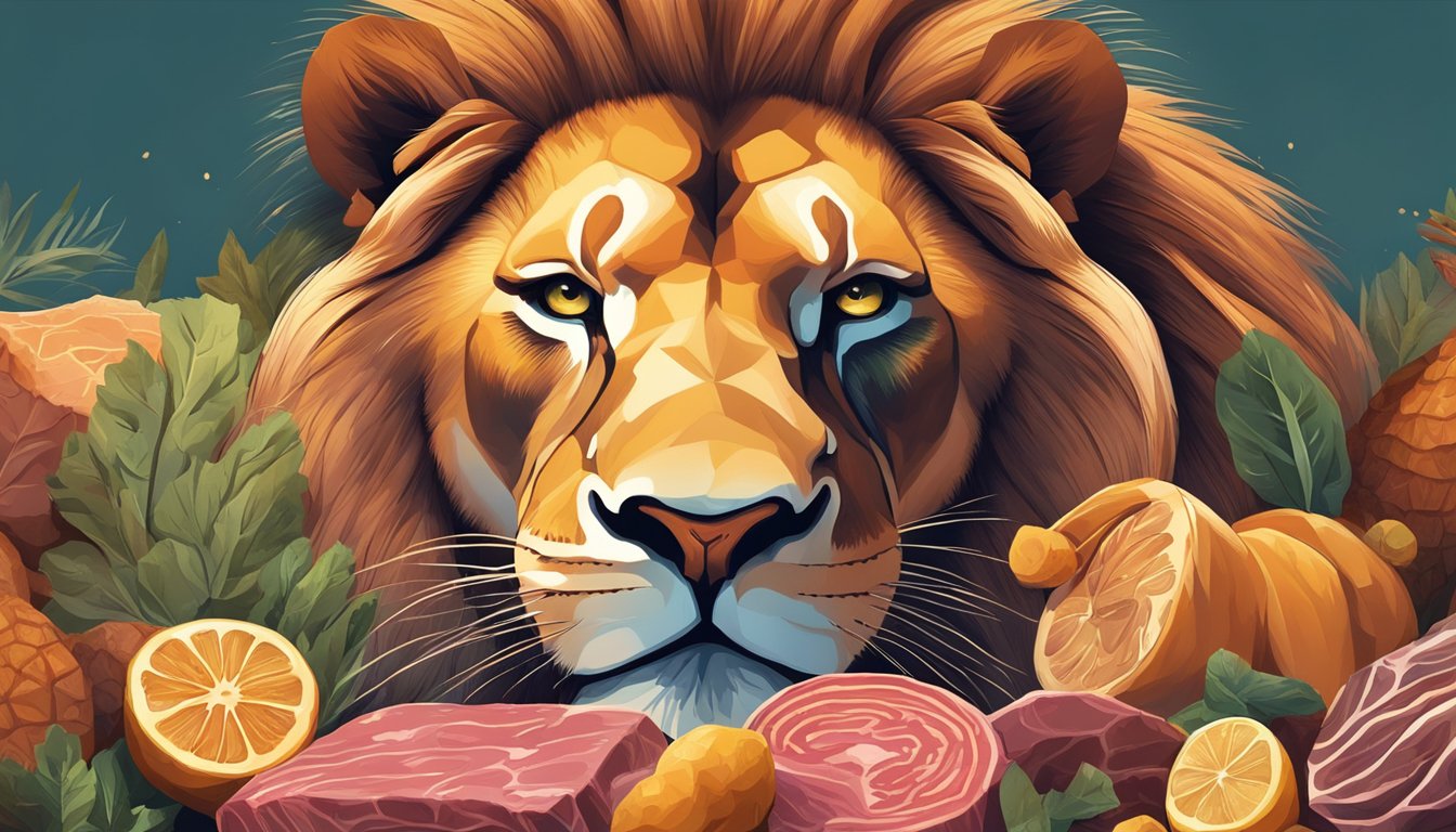 A lion surrounded by fresh meat, its eyes filled with primal desire