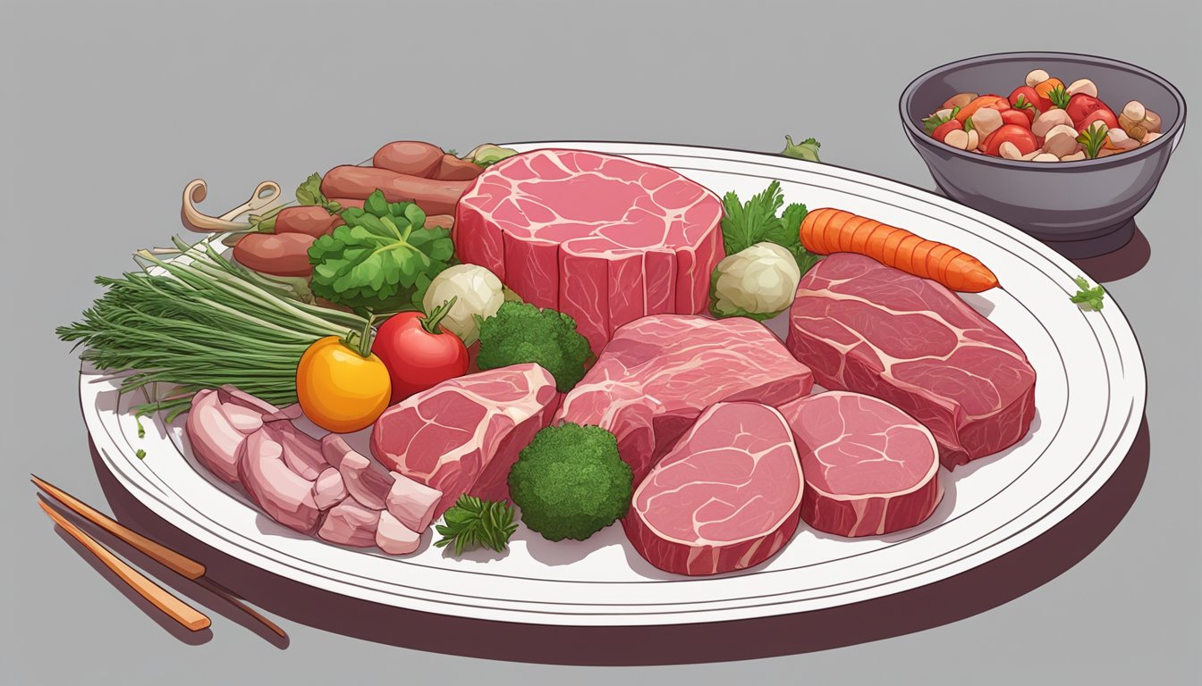 An illustration of a variety of raw meat and organ meats arranged on a plate, surrounded by bones and a few scattered vegetables