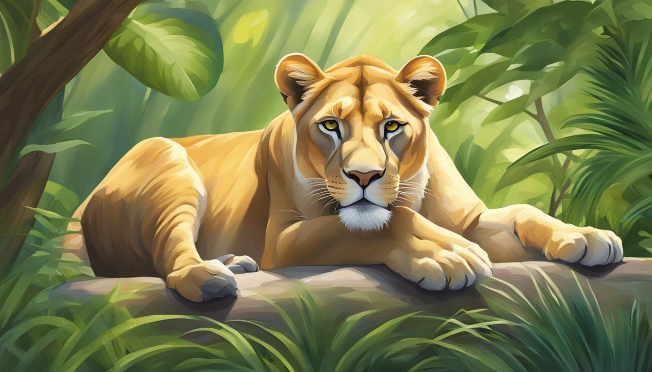 A lioness with a shiny, smooth coat lounging in the sun, surrounded by lush greenery