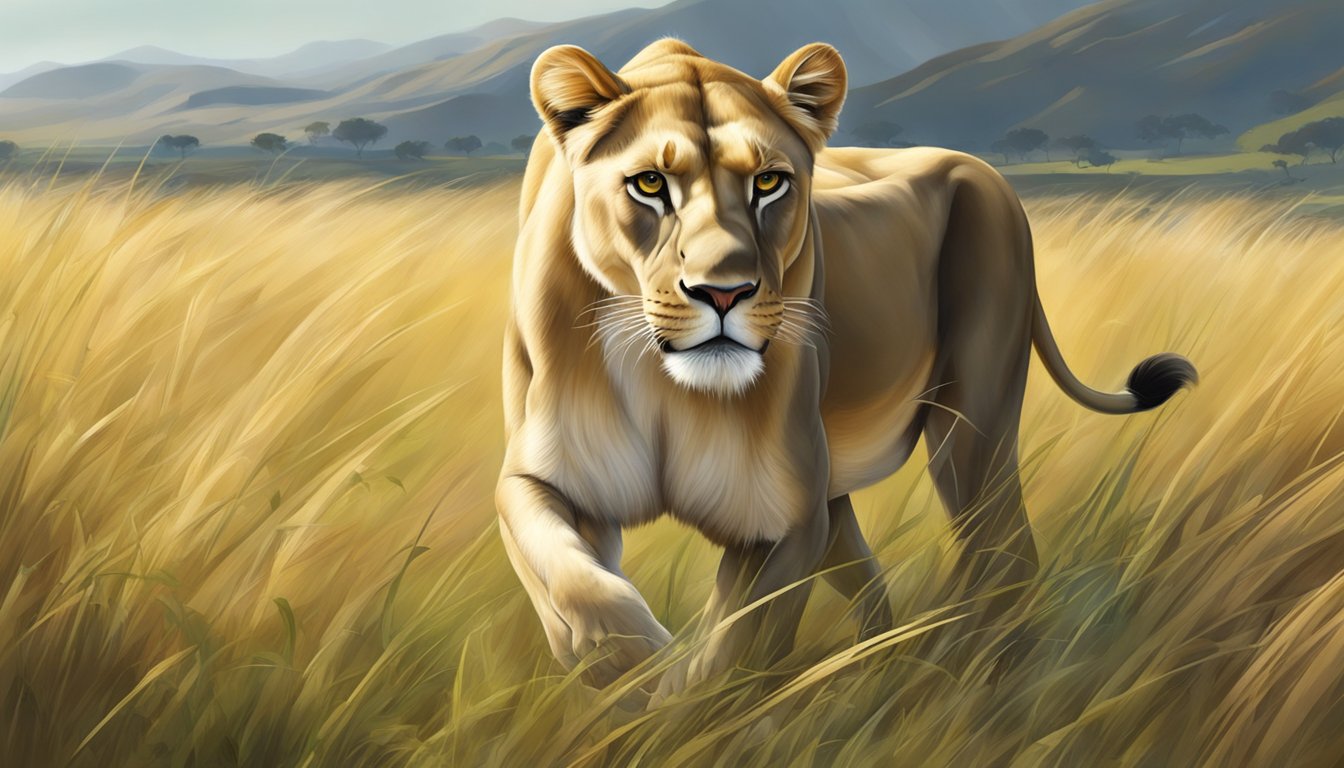 A lioness with a shiny coat, hunting prey in a grassy savannah