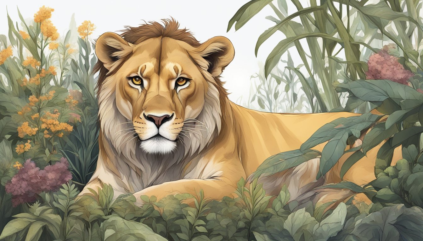 A lioness with patchy fur and irritated skin, surrounded by wilting plants and rotting meat