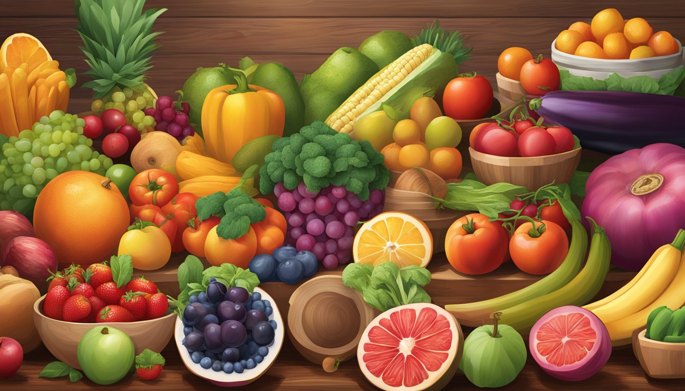 A vibrant, diverse array of fruits, vegetables, and lean meats arranged on a wooden table, with a focus on the assortment of fresh, colorful produce