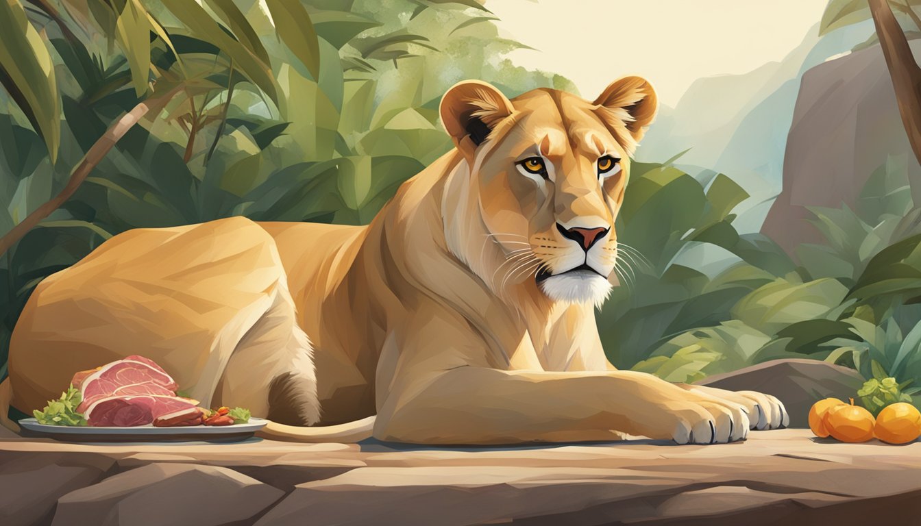 A lioness lounging in the shade, her sleek coat glistening in the sun, surrounded by a variety of fresh, raw meat