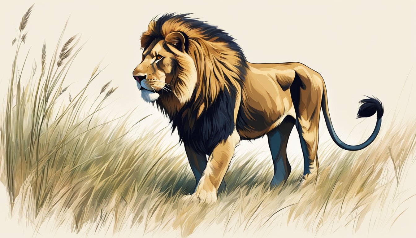 A lion prowls through the grass, its powerful muscles rippling beneath its sleek fur. Its eyes fixate on a potential mate, exuding raw, primal energy