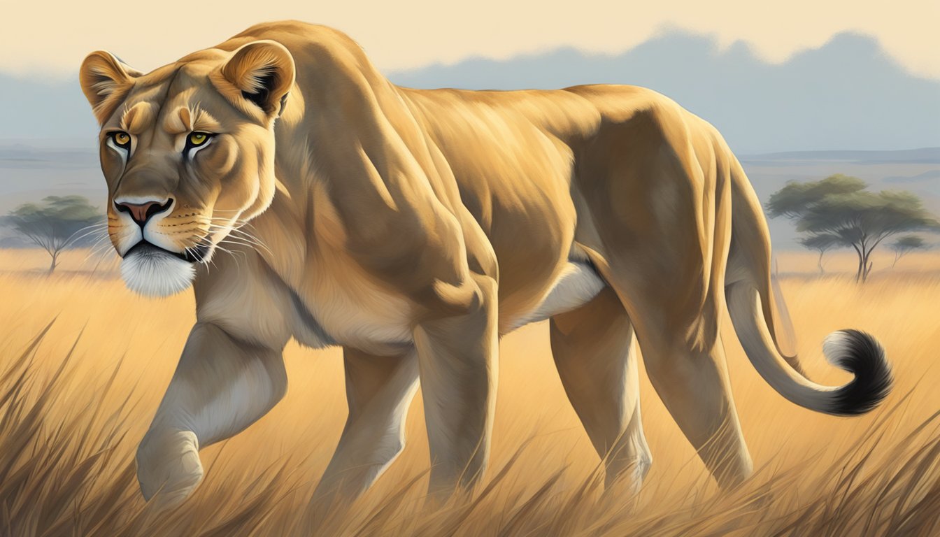 A lioness prowls through the savanna, her powerful muscles rippling beneath her sleek coat. She stalks her prey with focused intensity, her senses keen and her instincts sharp