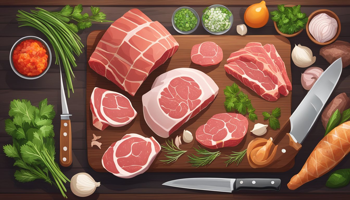 A variety of raw meats, including beef, chicken, and fish, arranged on a wooden cutting board with a sharp knife and fresh herbs nearby