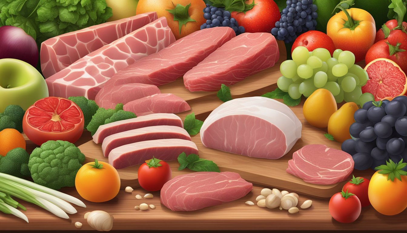 A variety of fresh, raw meats and animal products arranged on a wooden cutting board with colorful fruits and vegetables in the background