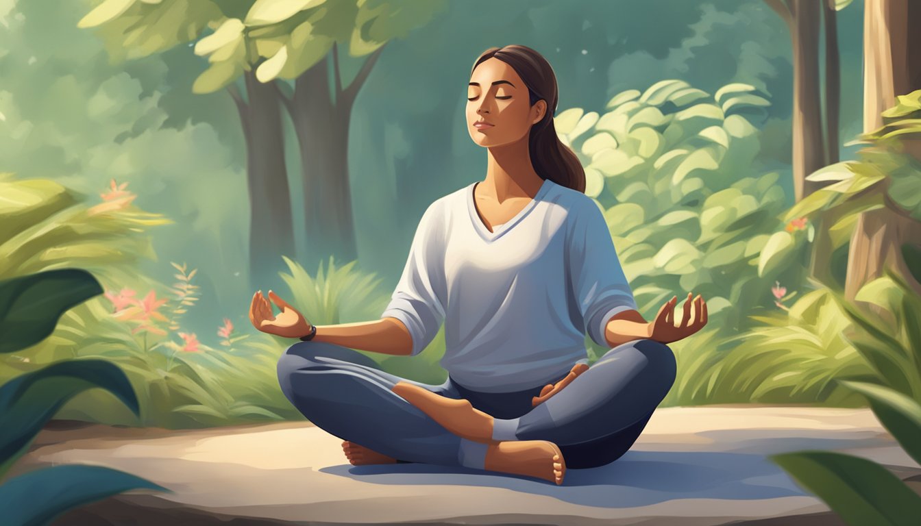 A person meditating in a peaceful outdoor setting, surrounded by nature and engaging in stress-relief activities such as yoga or deep breathing exercises