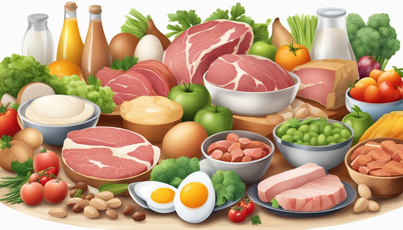 A table with various types of meat, eggs, and dairy products, along with colorful fruits and vegetables, all arranged in an organized and appealing manner