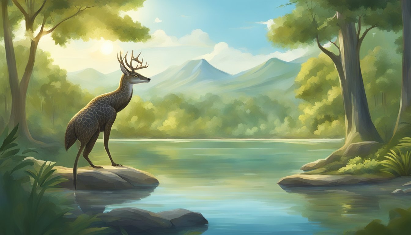 A carnivorous animal in a natural setting, surrounded by calming elements such as trees, water, and sunlight, showcasing a sense of peace and tranquility