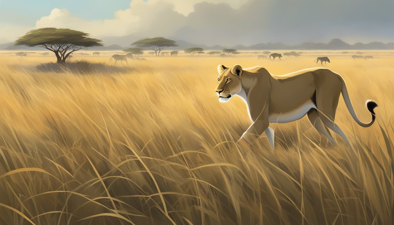 A lioness prowls through tall grass, surrounded by the remains of a recent kill. In the distance, a herd of wildebeest grazes peacefully