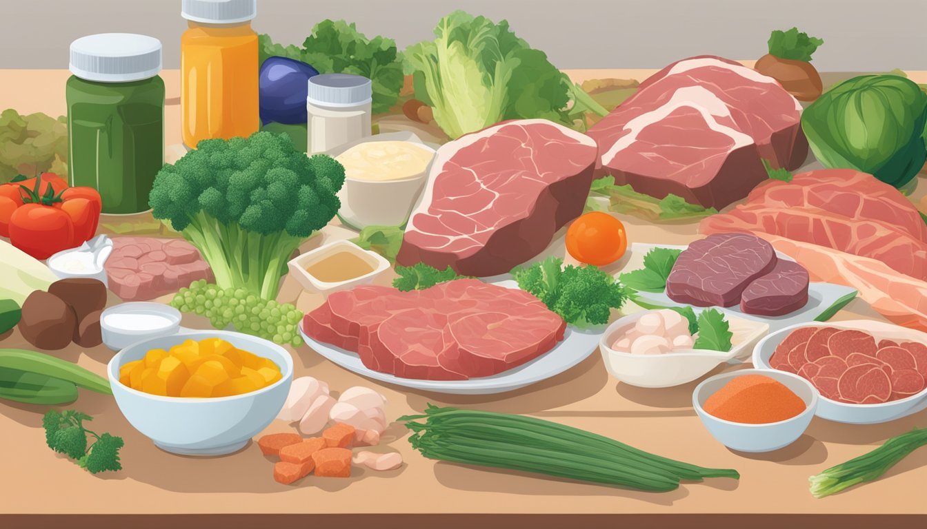 A table with various raw meats, vegetables, and supplements laid out, with a spectracell micronutrient test kit in the foreground