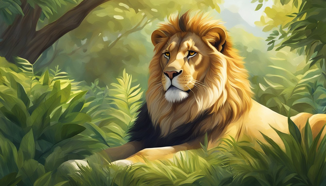 A lion basking in the sun, its golden fur glowing in the sunlight, surrounded by lush greenery