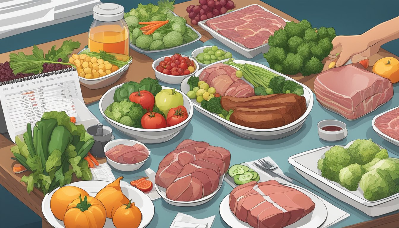 A table with a variety of meats, vegetables, and fruits, alongside a blood sample collection kit and a spectracell micronutrient test report