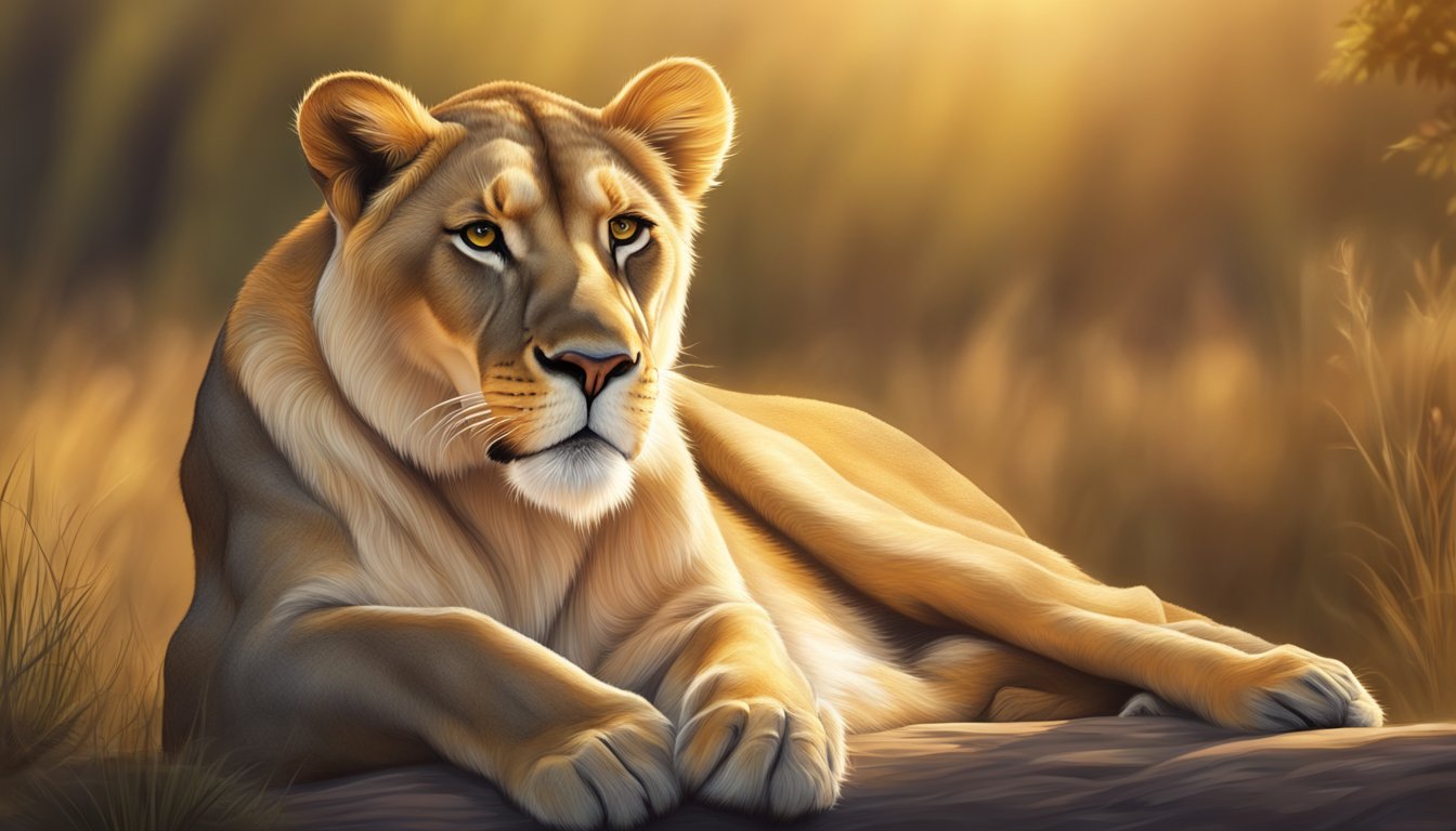 A lioness basking in the sun, her fur glistening in the golden light, showcasing the effects of a carnivore diet on sun sensitivity