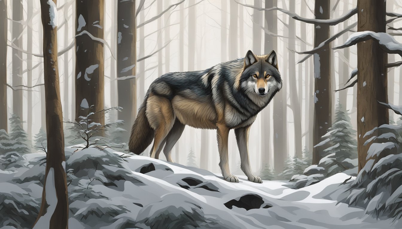 A wolf prowls through a dense forest, its powerful muscles rippling beneath its sleek fur. It stalks its prey with focused determination, embodying the strength and agility of a carnivore diet