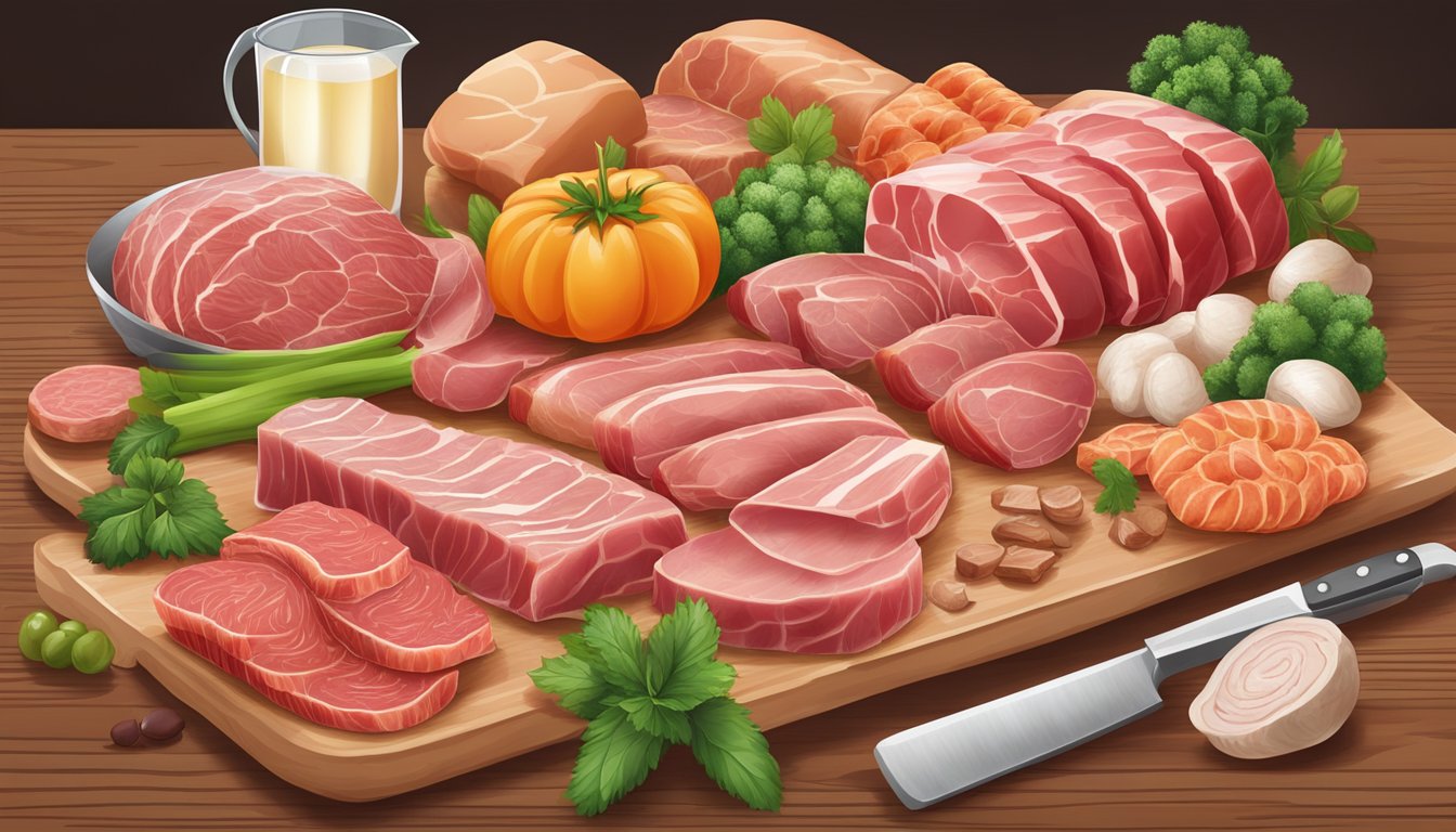 A variety of fresh, raw meats and animal products arranged on a wooden cutting board