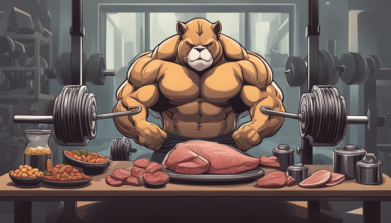 A muscular animal feasting on raw meat, surrounded by weights and exercise equipment