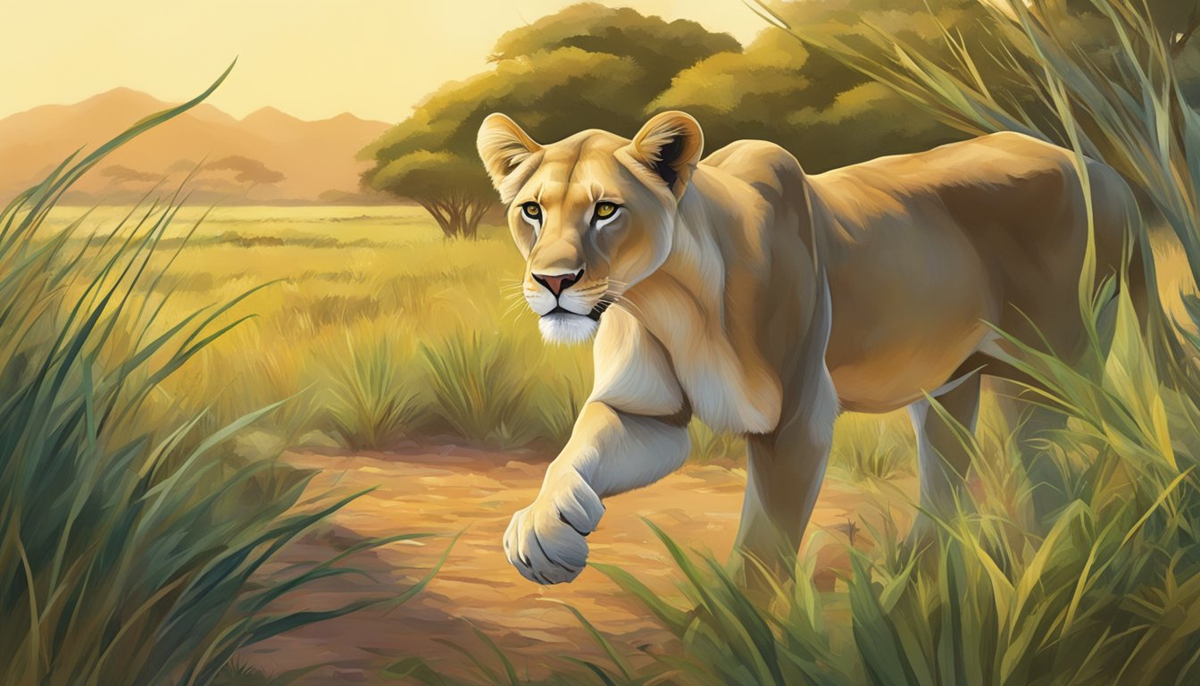 A lioness prowls through a lush savanna, hunting prey for her carnivore diet. The vibrant ecosystem reflects sustainable eating practices