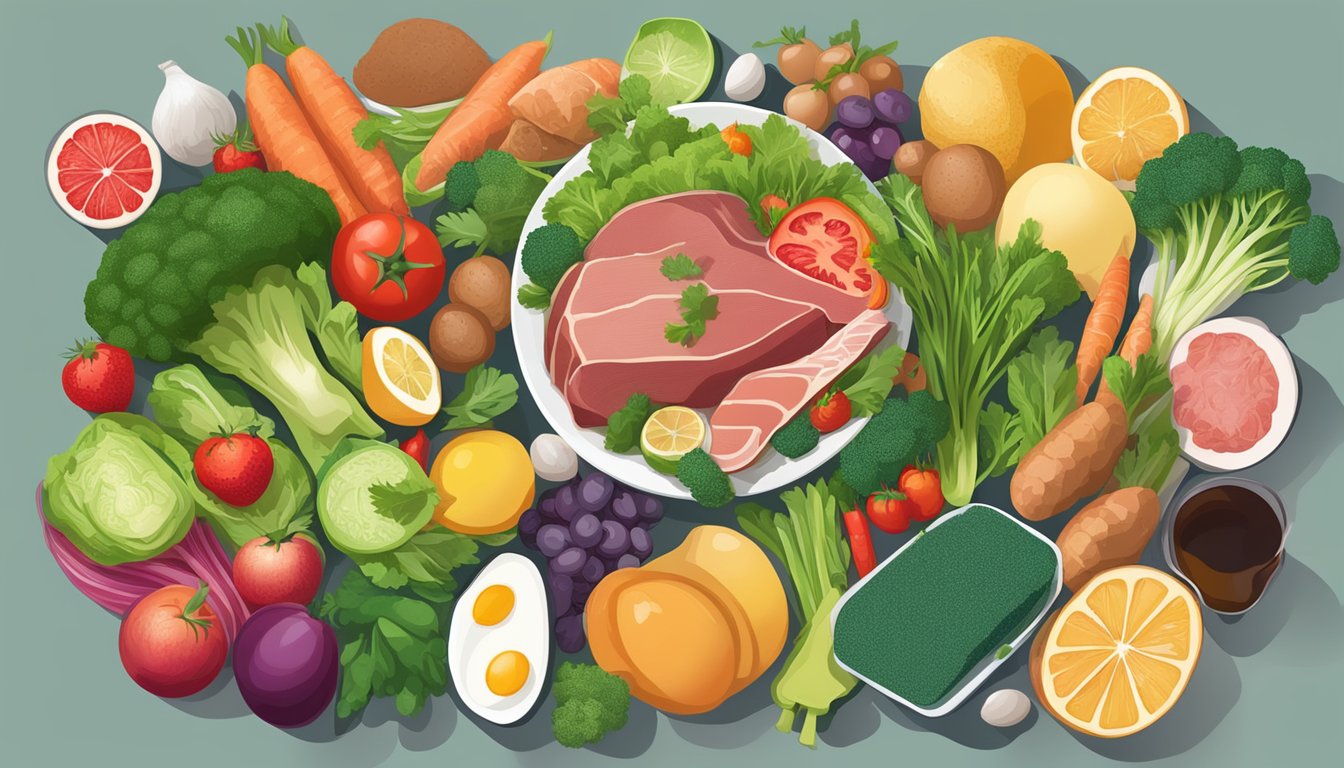 A plate of nutrient-dense foods like meat, fish, and eggs surrounded by vibrant vegetables and fruits, with a focus on thyroid-supporting nutrients like iodine and selenium