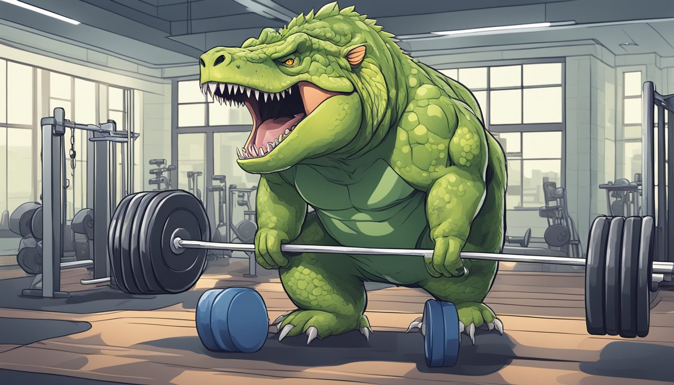 A carnivorous animal in a gym, lifting weights while surrounded by misconceptions and challenges floating around them