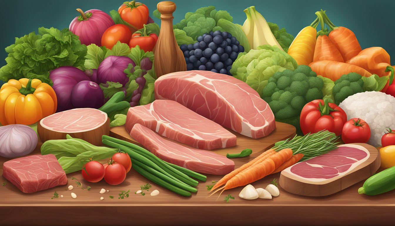 A diverse array of fresh, locally-sourced meats and animal products arranged on a wooden cutting board, surrounded by vibrant, organic vegetables and fruits