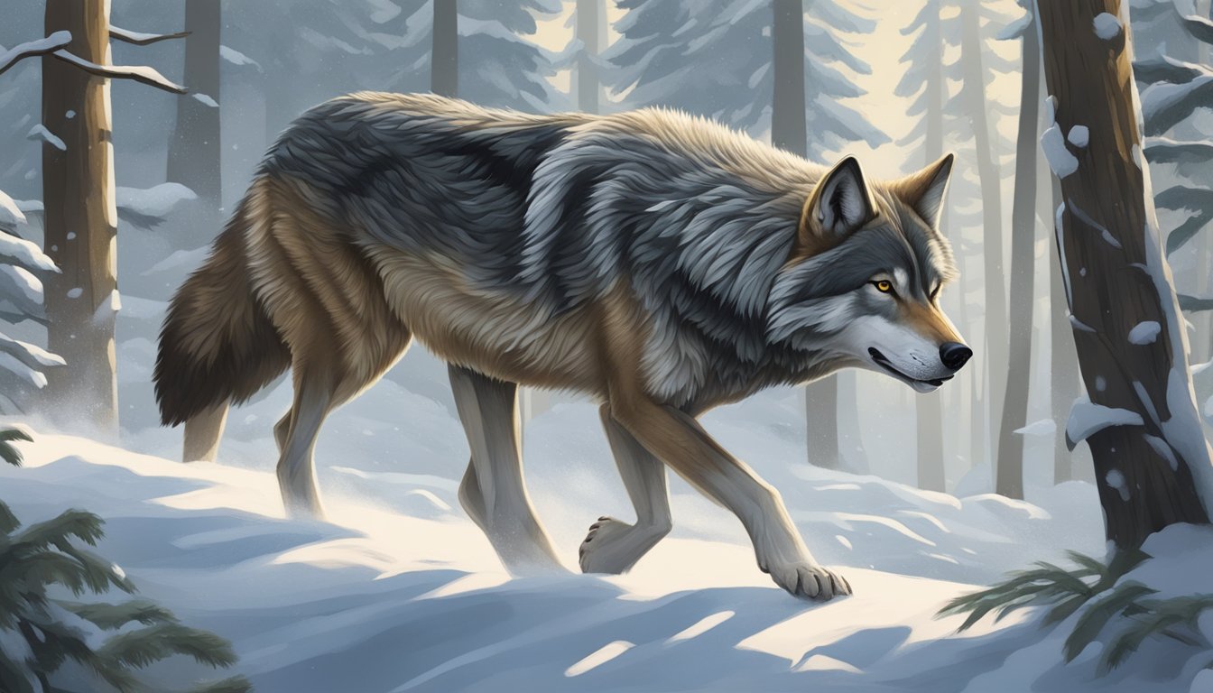 A wolf prowls through a snowy forest, its powerful muscles and sleek coat hinting at the benefits of a carnivorous diet for joint mobility