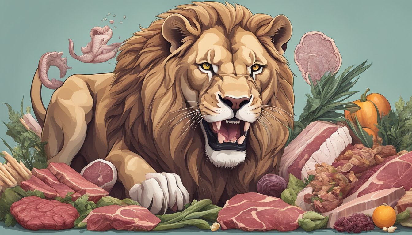 A roaring lion surrounded by fresh raw meat, bones, and organs, symbolizing the primal nature of the carnivore diet and its potential impact on the aging process